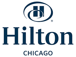 Hilton Chicago logo featuring a stylized “H” symbol above the words “Hilton” and “Chicago” in bold blue text.