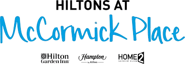 Logo for Hiltons at McCormick Place, featuring Hilton Garden Inn, Hampton by Hilton, and Home2 Suites by Hilton brands.