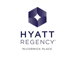Hyatt Regency McCormick Place logo featuring a geometric purple hexagon above the hotel name in bold blue text on a light background.